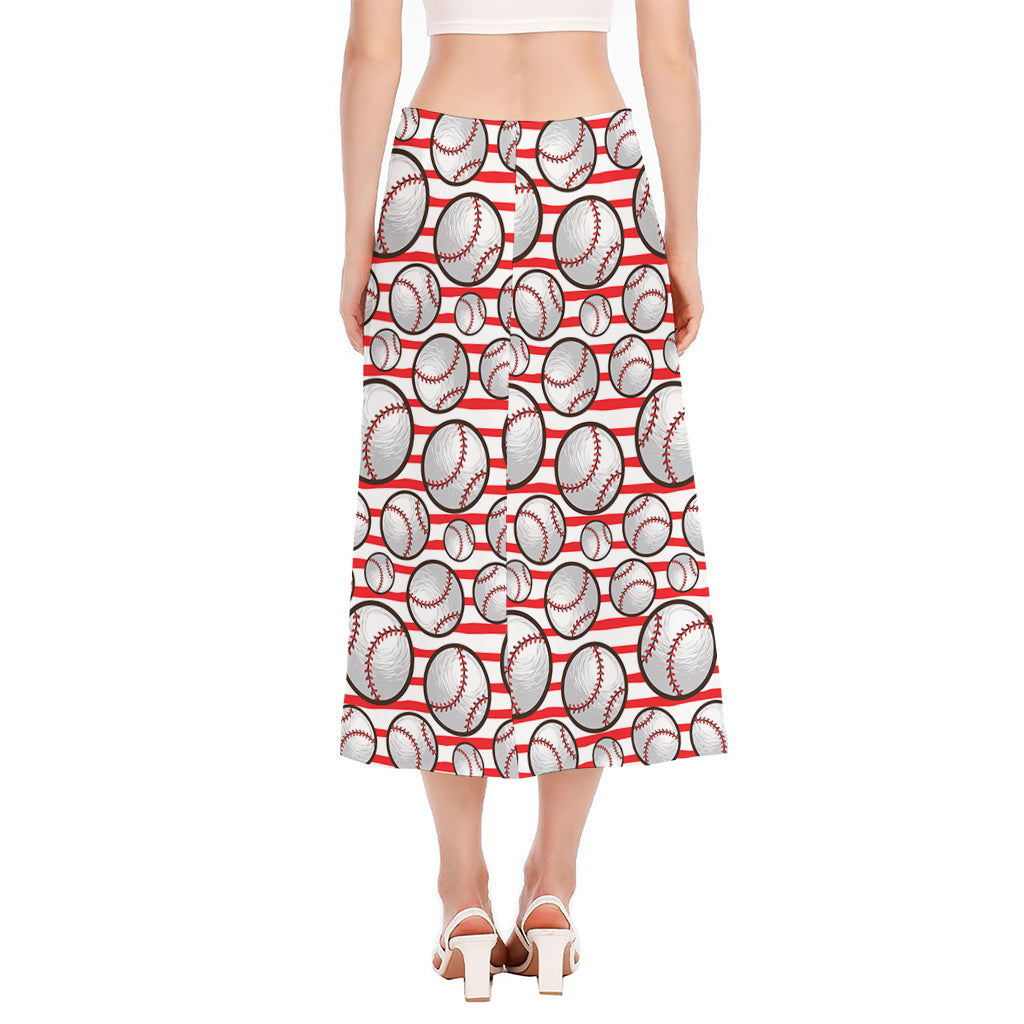 Red Striped Baseball Pattern Print Side Slit Midi Skirt