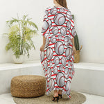 Red Striped Baseball Pattern Print Silk V-Neck Kaftan Dress