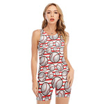 Red Striped Baseball Pattern Print Sleeveless One Piece Swimsuit