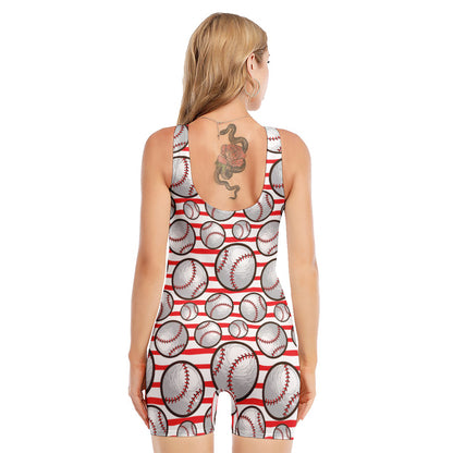 Red Striped Baseball Pattern Print Sleeveless One Piece Swimsuit