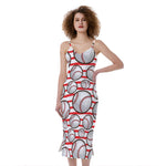 Red Striped Baseball Pattern Print Slim Fit Midi Cami Dress