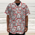 Red Striped Baseball Pattern Print Textured Short Sleeve Shirt