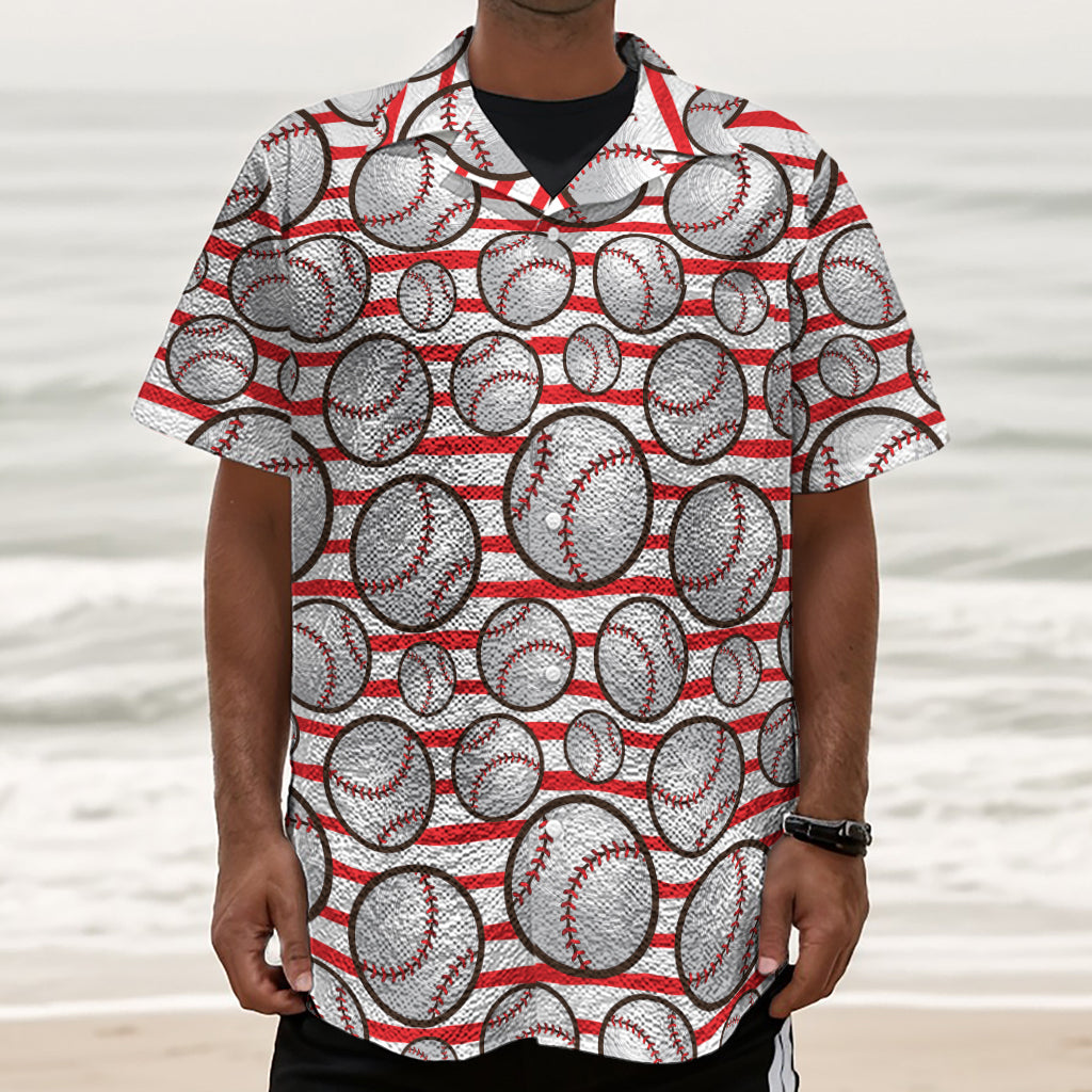Red Striped Baseball Pattern Print Textured Short Sleeve Shirt