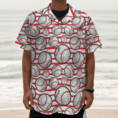 Red Striped Baseball Pattern Print Textured Short Sleeve Shirt