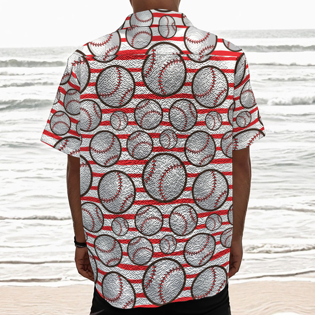 Red Striped Baseball Pattern Print Textured Short Sleeve Shirt