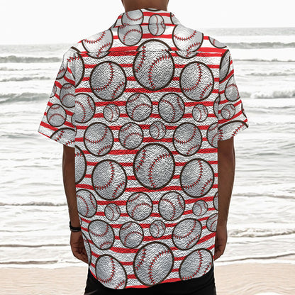 Red Striped Baseball Pattern Print Textured Short Sleeve Shirt