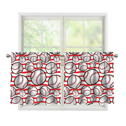 Red Striped Baseball Pattern Print Tier Curtains
