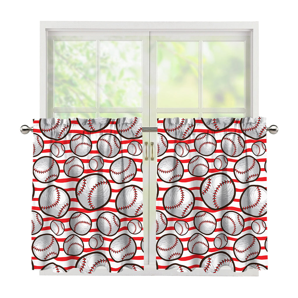 Red Striped Baseball Pattern Print Tier Curtains
