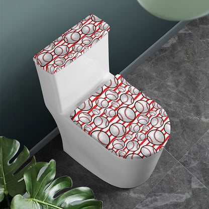 Red Striped Baseball Pattern Print Toilet Lid And Tank Cover Set