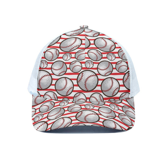 Red Striped Baseball Pattern Print White Mesh Trucker Cap