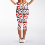 Red Striped Baseball Pattern Print Women's Capri Leggings