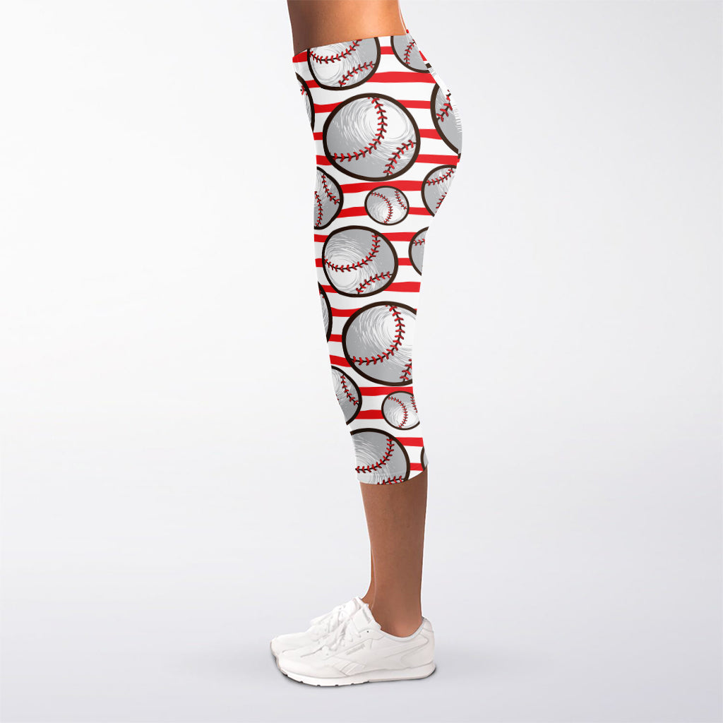 Red Striped Baseball Pattern Print Women's Capri Leggings