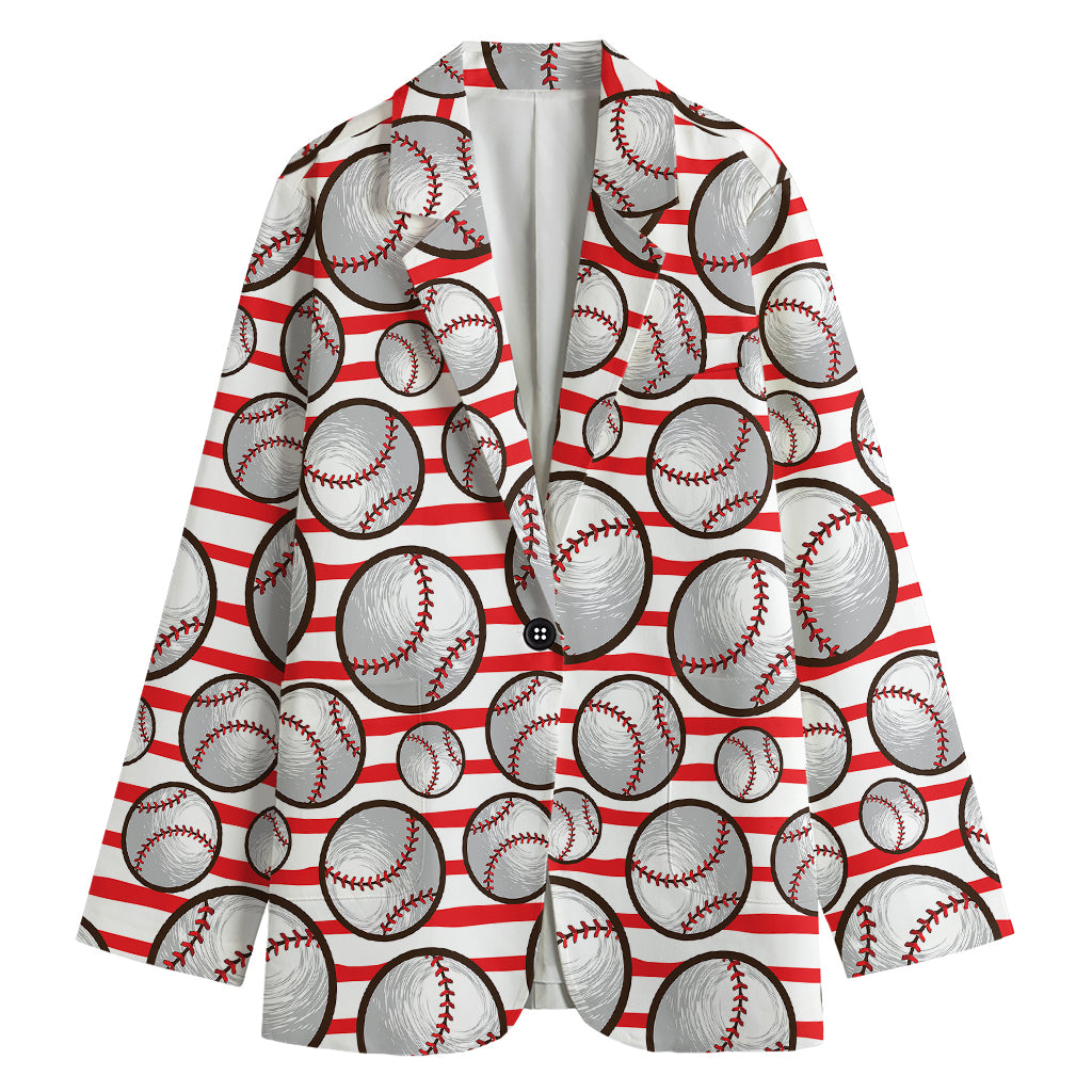 Red Striped Baseball Pattern Print Women's Cotton Blazer
