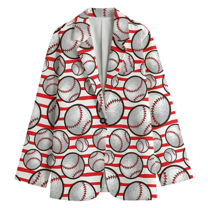 Red Striped Baseball Pattern Print Women's Cotton Blazer
