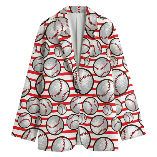 Red Striped Baseball Pattern Print Women's Cotton Blazer