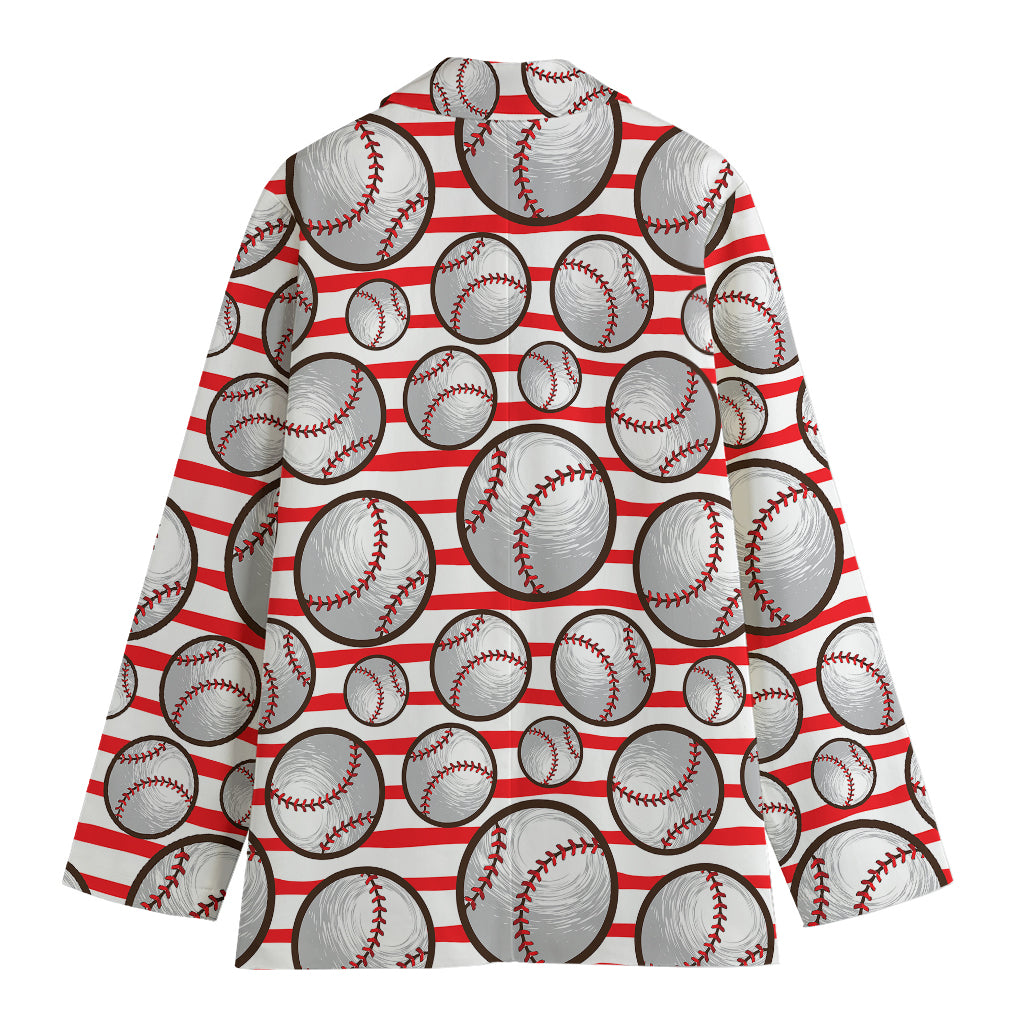 Red Striped Baseball Pattern Print Women's Cotton Blazer