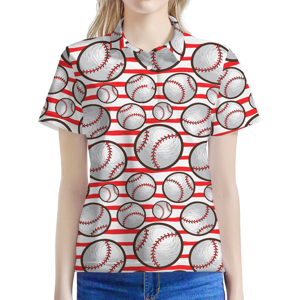 Red Striped Baseball Pattern Print Women's Polo Shirt