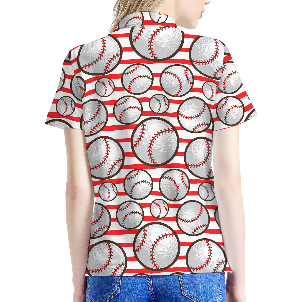 Red Striped Baseball Pattern Print Women's Polo Shirt