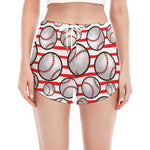 Red Striped Baseball Pattern Print Women's Split Running Shorts
