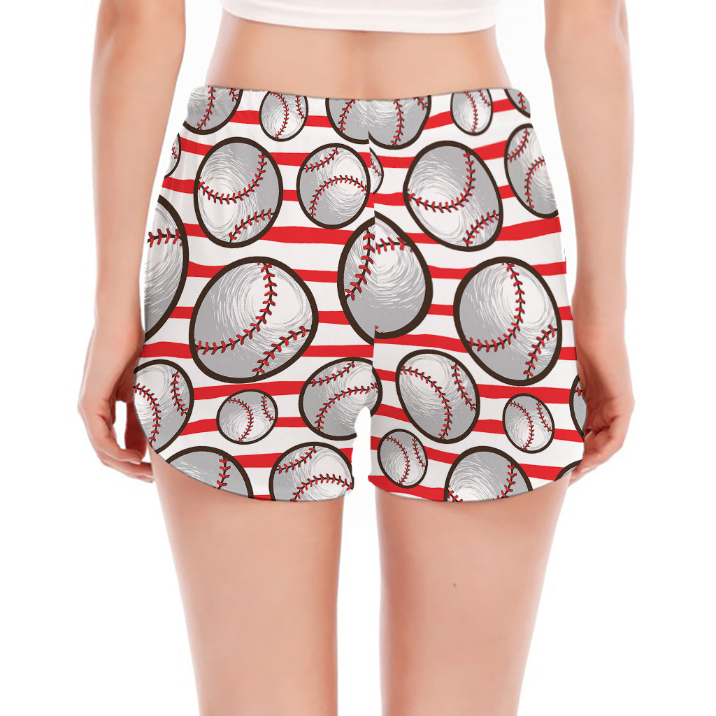 Red Striped Baseball Pattern Print Women's Split Running Shorts