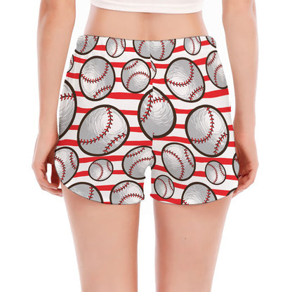 Red Striped Baseball Pattern Print Women's Split Running Shorts