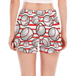 Red Striped Baseball Pattern Print Women's Split Running Shorts