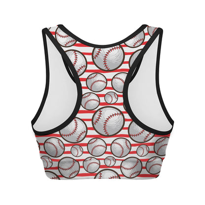Red Striped Baseball Pattern Print Women's Sports Bra