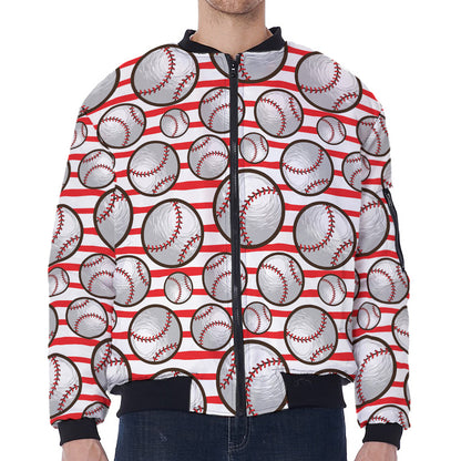 Red Striped Baseball Pattern Print Zip Sleeve Bomber Jacket