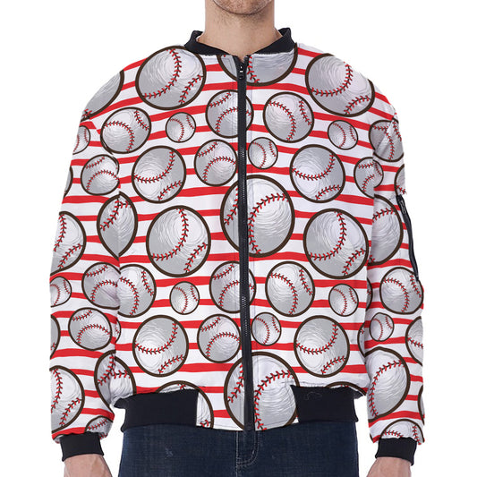 Red Striped Baseball Pattern Print Zip Sleeve Bomber Jacket
