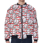 Red Striped Baseball Pattern Print Zip Sleeve Bomber Jacket
