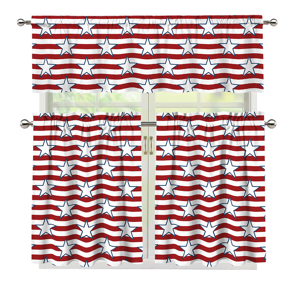 Red Striped USA Star Pattern Print 3 Piece Kitchen Curtains