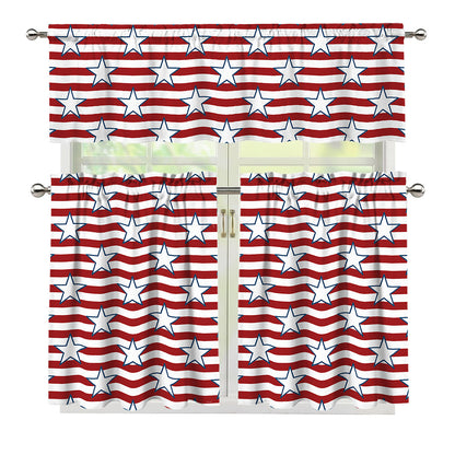 Red Striped USA Star Pattern Print 3 Piece Kitchen Curtains