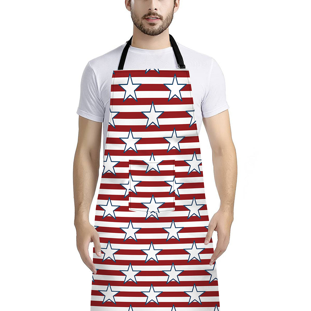 Red Striped USA Star Pattern Print Bib Apron With Pocket