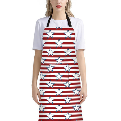 Red Striped USA Star Pattern Print Bib Apron With Pocket