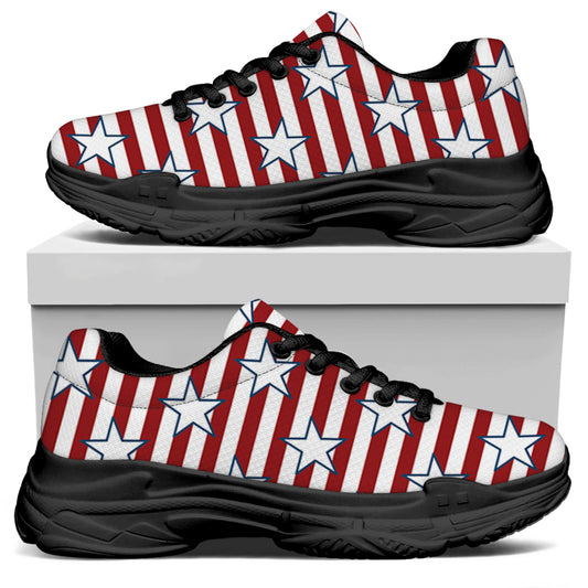 Red Striped USA Star Pattern Print Black Chunky Shoes