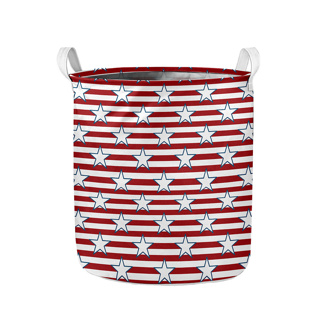 Red Striped USA Star Pattern Print Collapsible Laundry Basket
