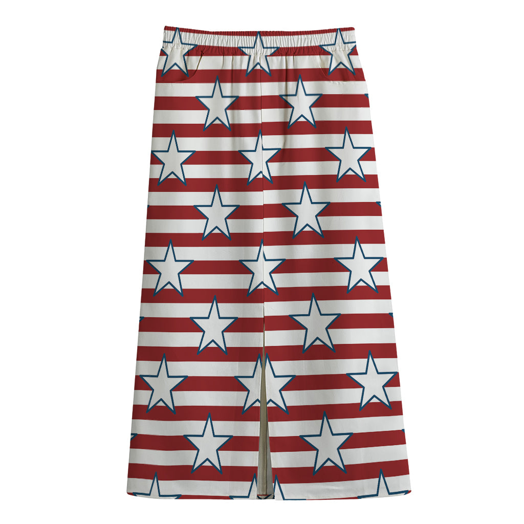 Red Striped USA Star Pattern Print Cotton Front Slit Maxi Skirt