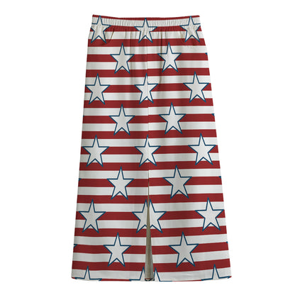 Red Striped USA Star Pattern Print Cotton Front Slit Maxi Skirt