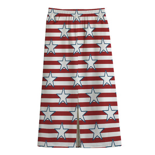 Red Striped USA Star Pattern Print Cotton Front Slit Maxi Skirt