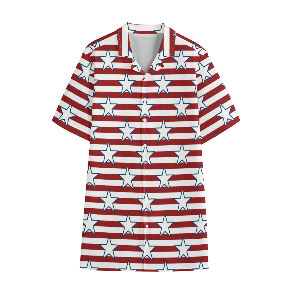 Red Striped USA Star Pattern Print Cotton Hawaiian Shirt
