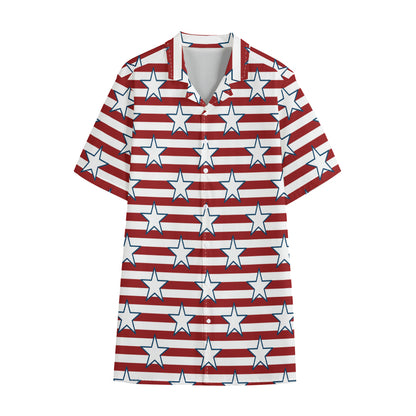 Red Striped USA Star Pattern Print Cotton Hawaiian Shirt