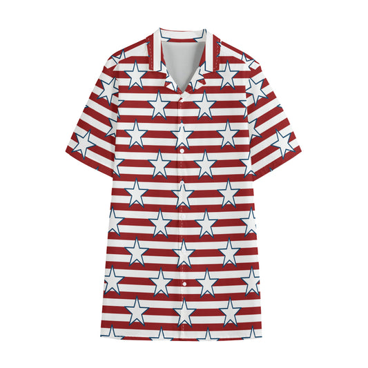 Red Striped USA Star Pattern Print Cotton Hawaiian Shirt