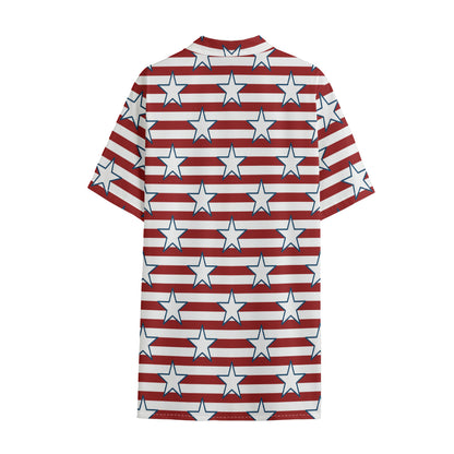 Red Striped USA Star Pattern Print Cotton Hawaiian Shirt