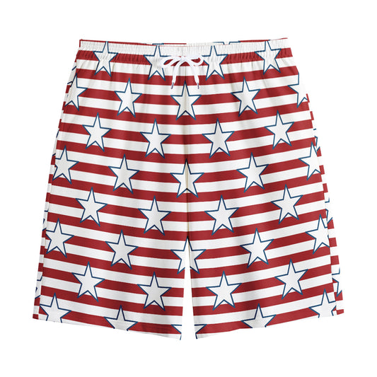 Red Striped USA Star Pattern Print Cotton Shorts