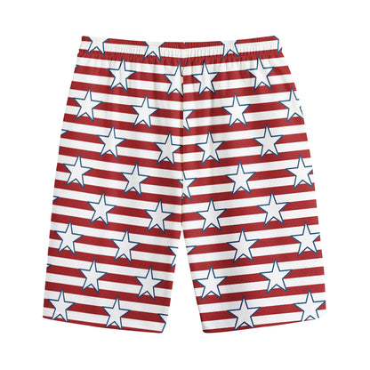 Red Striped USA Star Pattern Print Cotton Shorts