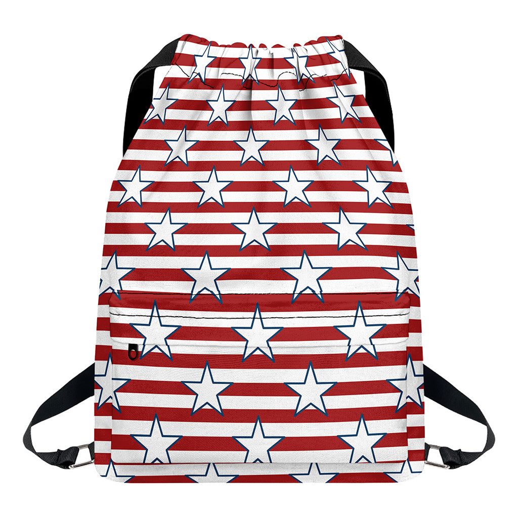 Red Striped USA Star Pattern Print Drawstring Backpack