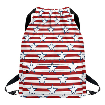 Red Striped USA Star Pattern Print Drawstring Backpack