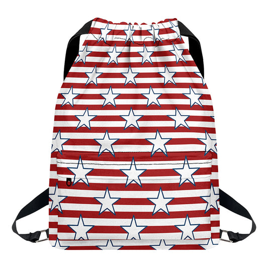 Red Striped USA Star Pattern Print Drawstring Backpack