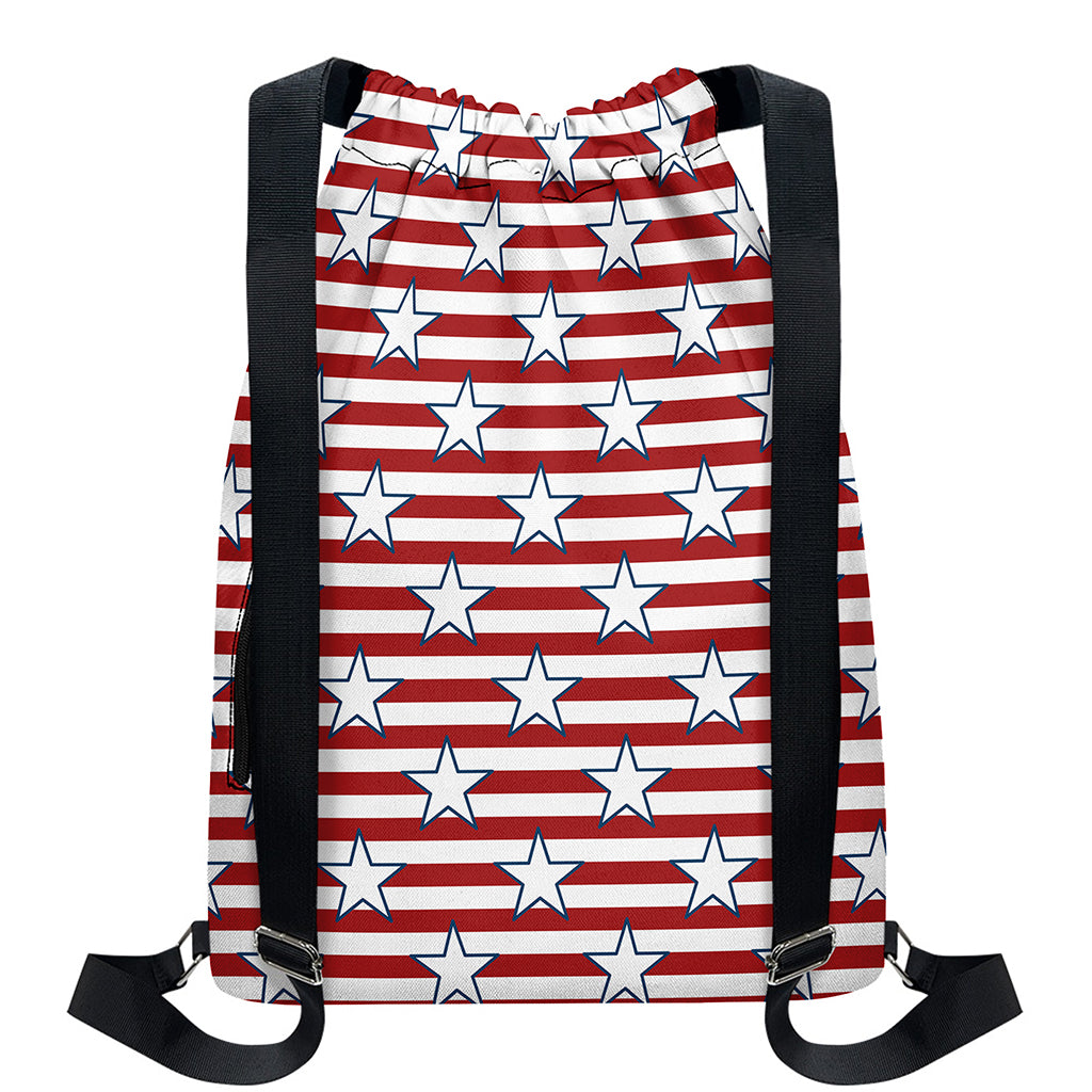 Red Striped USA Star Pattern Print Drawstring Backpack