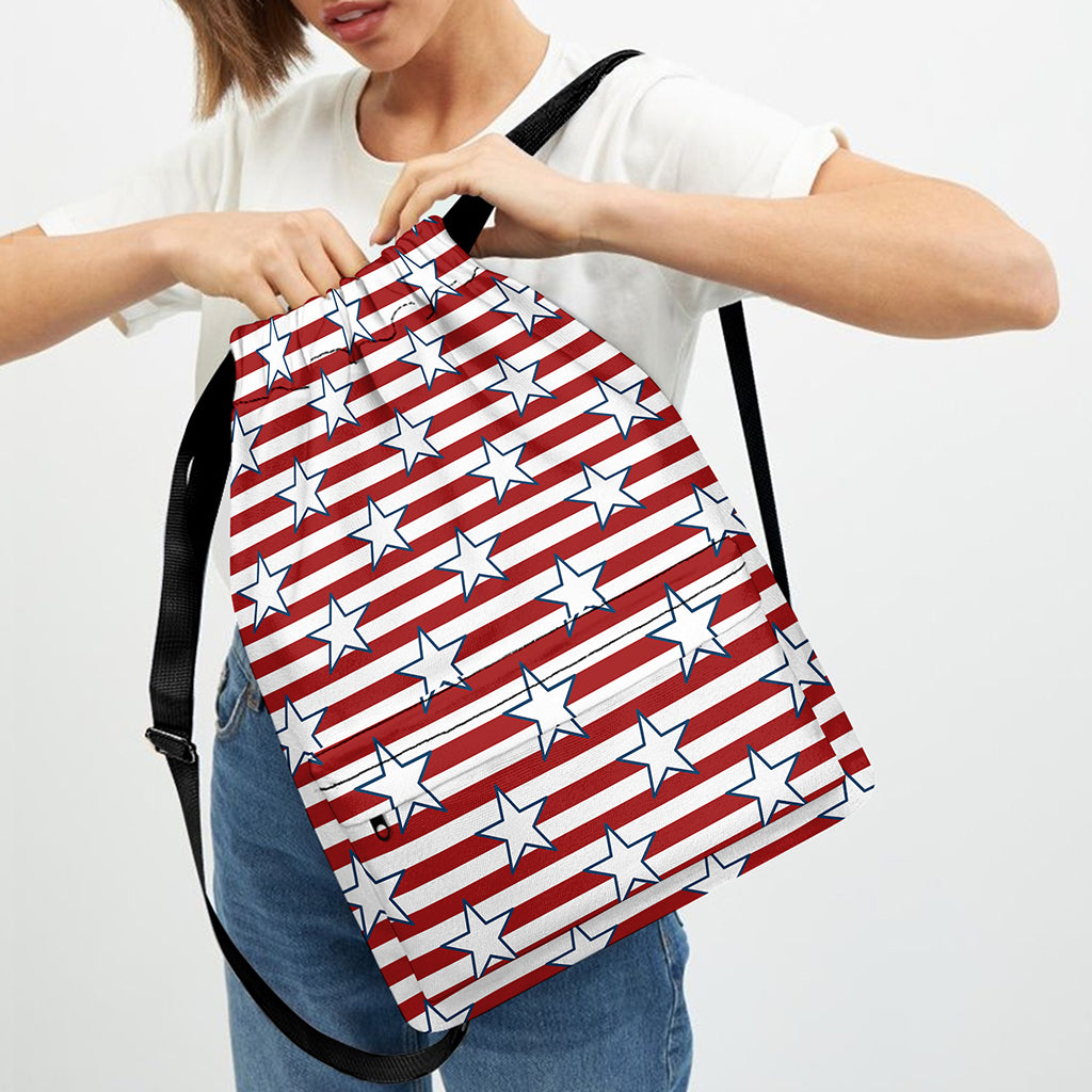 Red Striped USA Star Pattern Print Drawstring Backpack